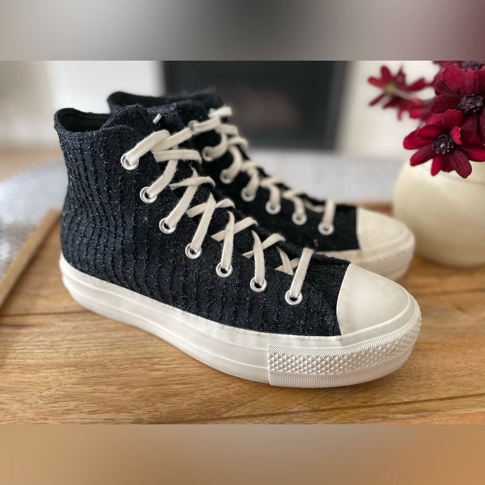 Converse Tweed Shimmer High Top Platform Lift Size 9.5 Black Beaded - Picture 9 of 10